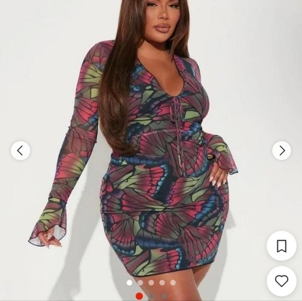 Fashion Nova Multicolor Butterfly Long Sleeve Dress